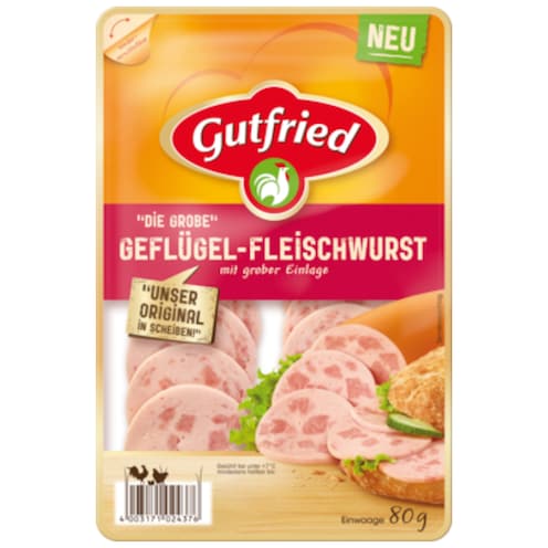 Gutfried Geflügel Die Grobe Geflügel-Fleischwurst in Scheiben 80g