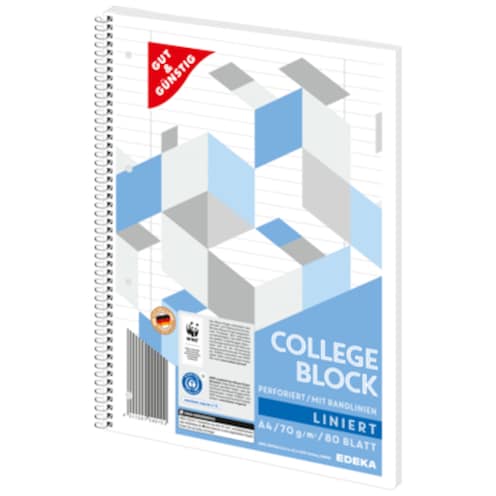 GUT&GÜNSTIG Collegeblock A4, liniert 80 Blatt