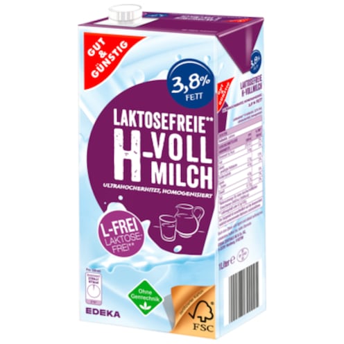 GUT&GÜNSTIG Laktosefreie H-Vollmilch 3,8 % Fett 1 l