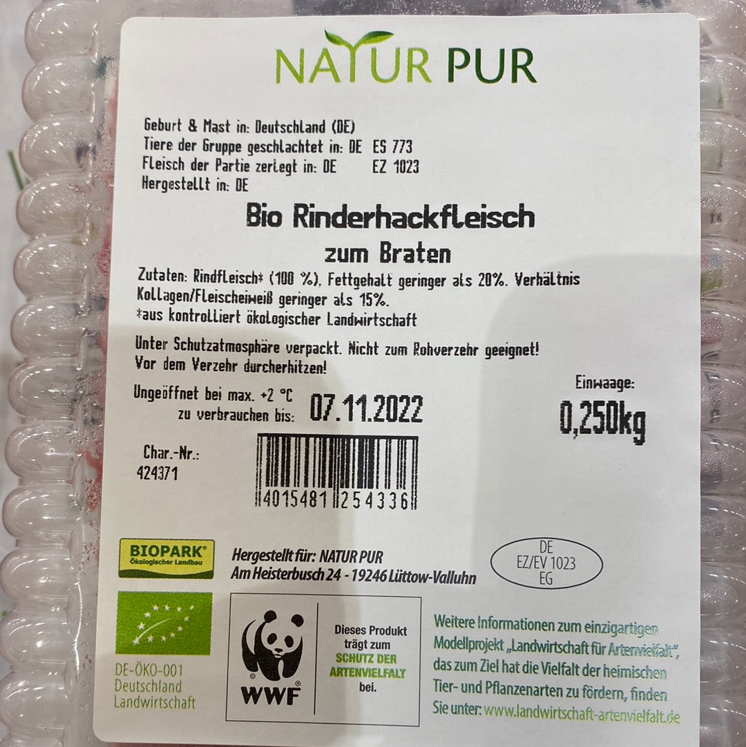 Natur Pur Bio Rinderhackfleisch ca 250 g