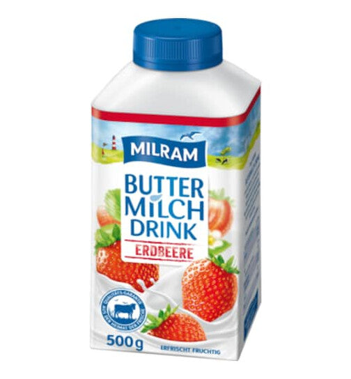 MILRAM Buttermilch Drink Erdbeere 0,4 % Fett 500 g